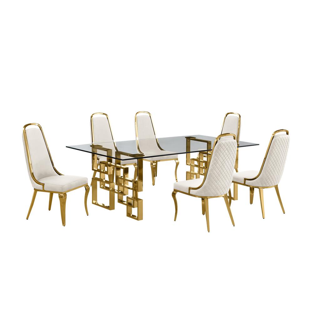 7-piece glam dining set with 6 Cream side chairs and one 95" glass dining table