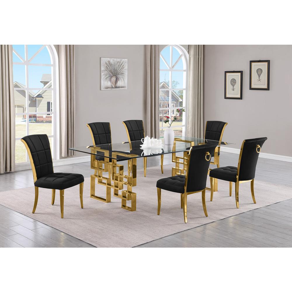 7-piece glam dining set with 6 black chairs and a 95" long glass  table