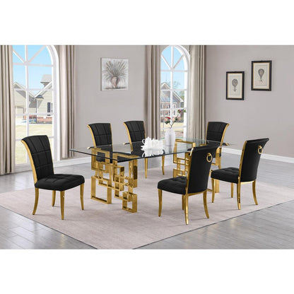 7-piece glam dining set with 6 black chairs and a 95" long glass  table