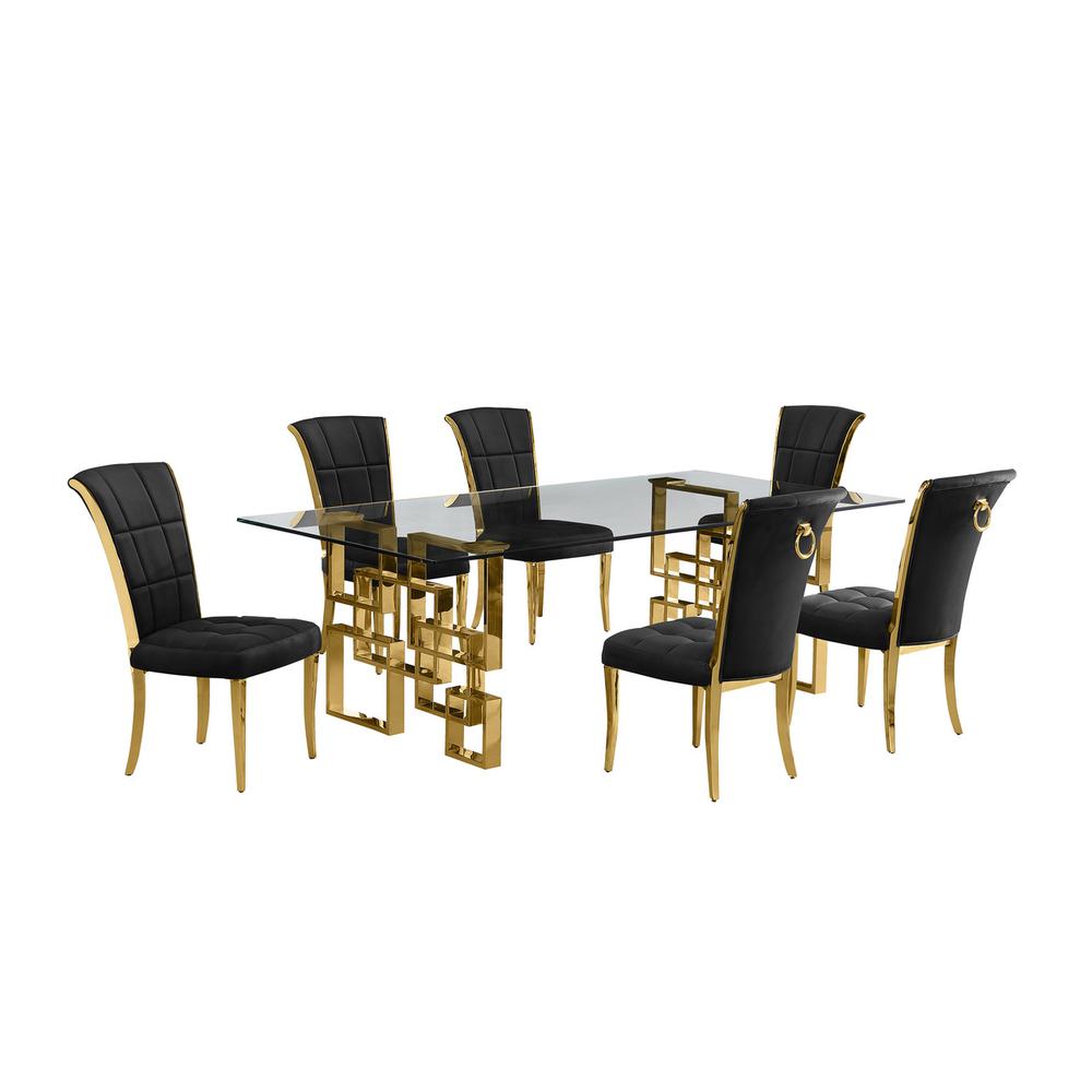 7-piece glam dining set with 6 black chairs and a 95" long glass  table