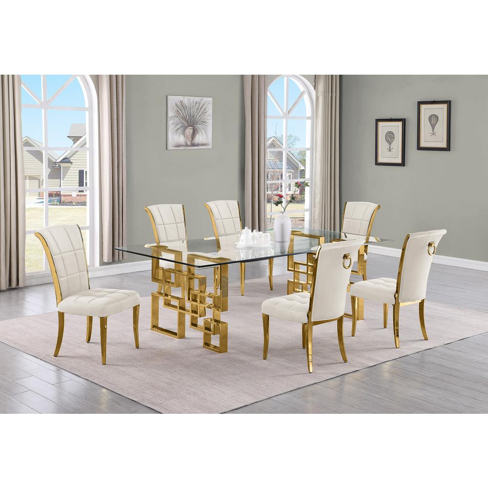 7-piece glam dining set with 6 cream side chair and a 95"long glass  table