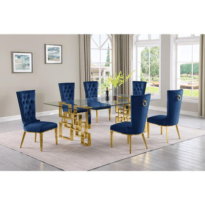 7-piece glam dining set with 6 navy blue  chairs and a 95" long glass  table