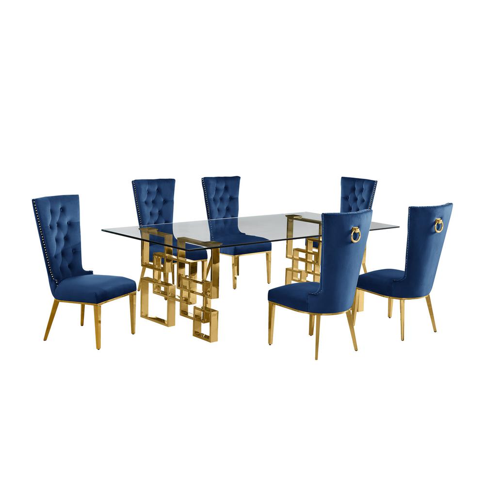 7-piece glam dining set with 6 navy blue  chairs and a 95" long glass  table