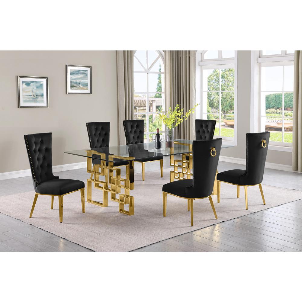 7-piece glam dining set with 6 black  chairs and a 95" long glass  table