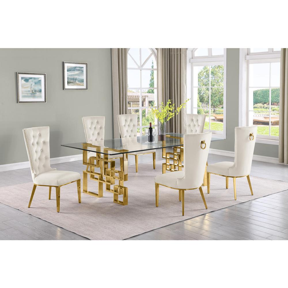 7-piece glam dining set with 6 cream  chairs and a 95" long glass  table