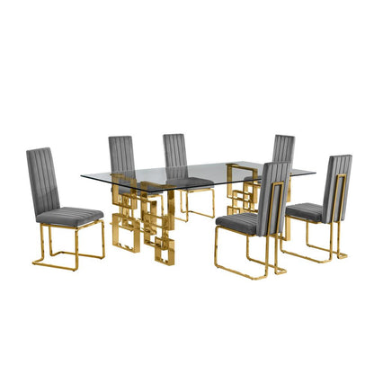 7-piece glam dining set with 6 Dark grey chairs and one 95" glass  table