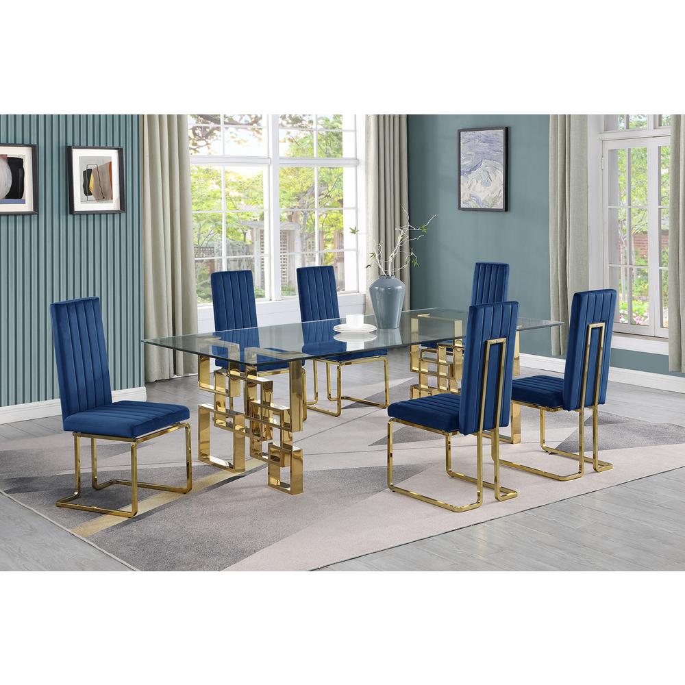 7-piece glam dining set with 6 Navy blue chairs and one 95" glass table