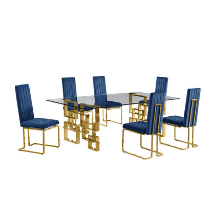 7-piece glam dining set with 6 Navy blue chairs and one 95" glass table