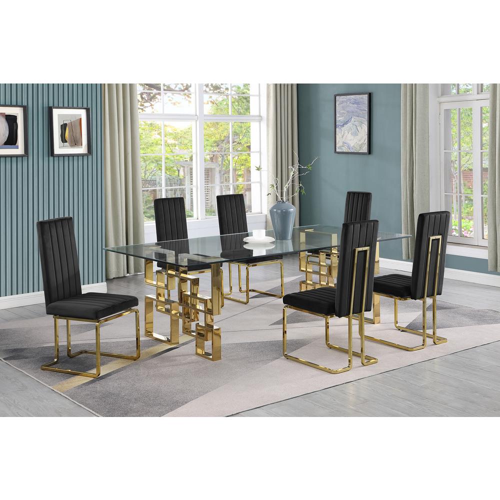 7-piece glam dining set with 6 Black chairs and one 95" glass  table