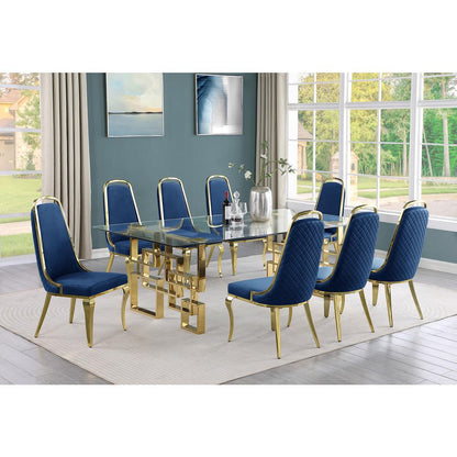 9-piece glam dining set with 8 Navy blue chairs and one 95"  glass dining table