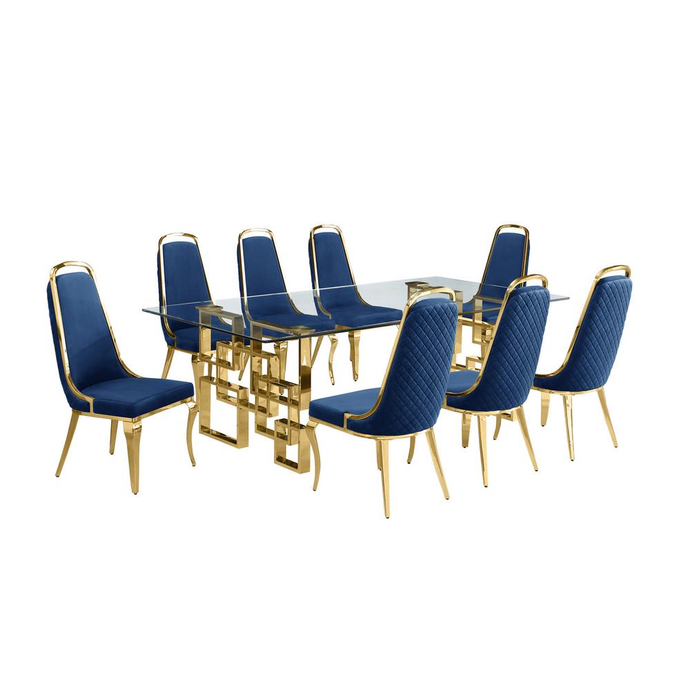 9-piece glam dining set with 8 Navy blue chairs and one 95"  glass dining table