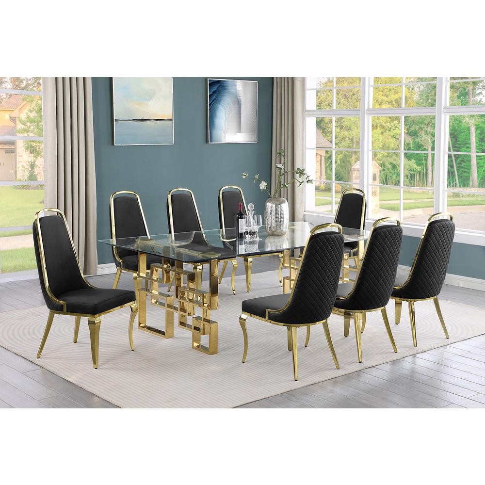 9-piece glam dining set with 8 Black side chairs and one 95" glass dinging table