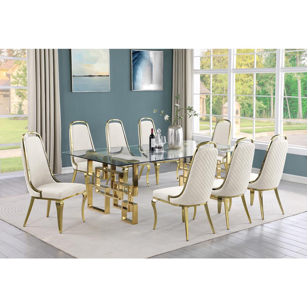 9-piece glam dining set with 8 Cream side chairs and one 95" glass dining table