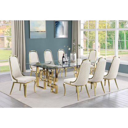 9-piece glam dining set with 8 Cream side chairs and one 95" glass dining table