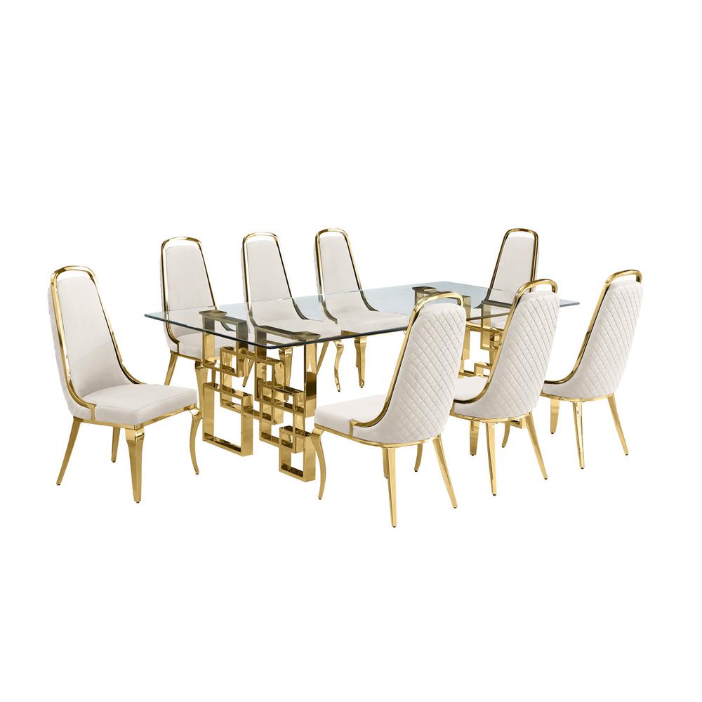 9-piece glam dining set with 8 Cream side chairs and one 95" glass dining table