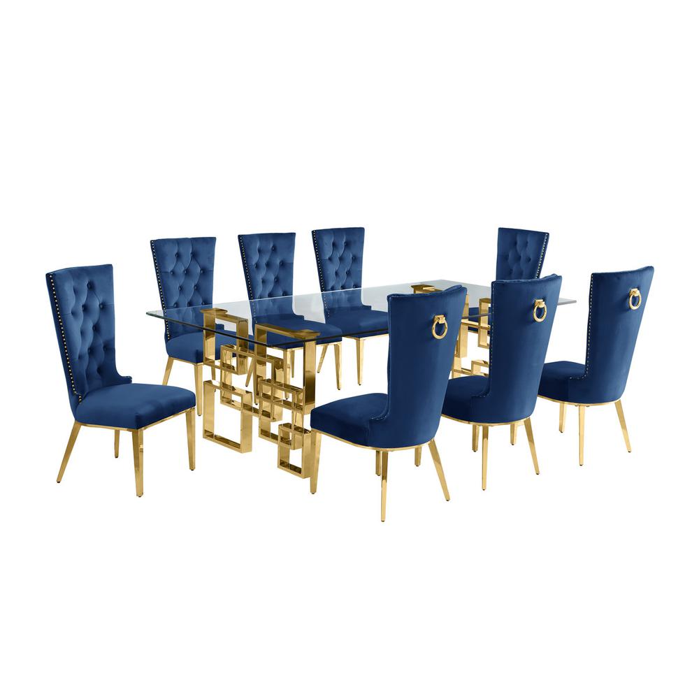 9-piece glam dining set with 8 navy blue chairs and a 95" long glass  table