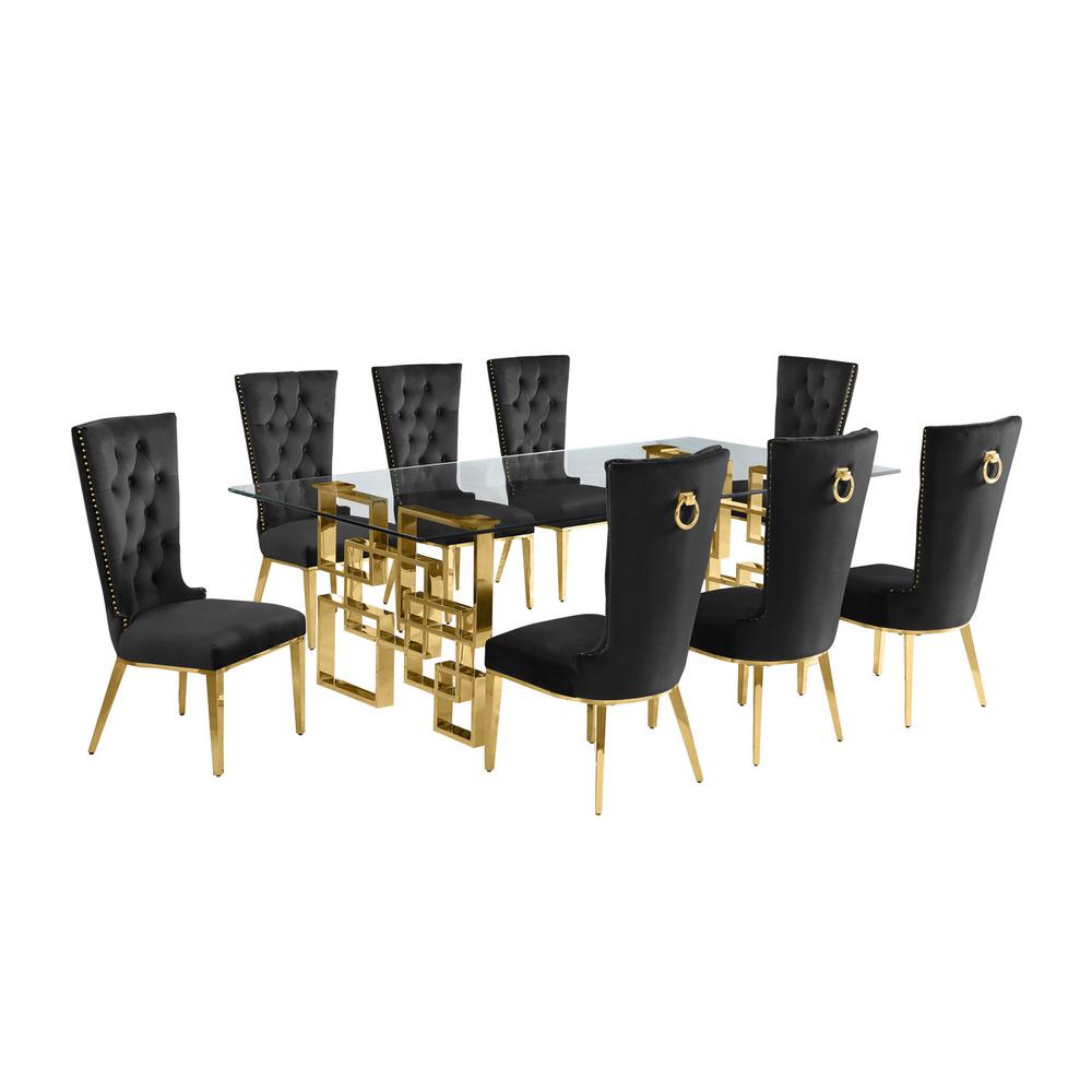 9-piece glam dining set with 8 black chairs and a 95" long glass  table