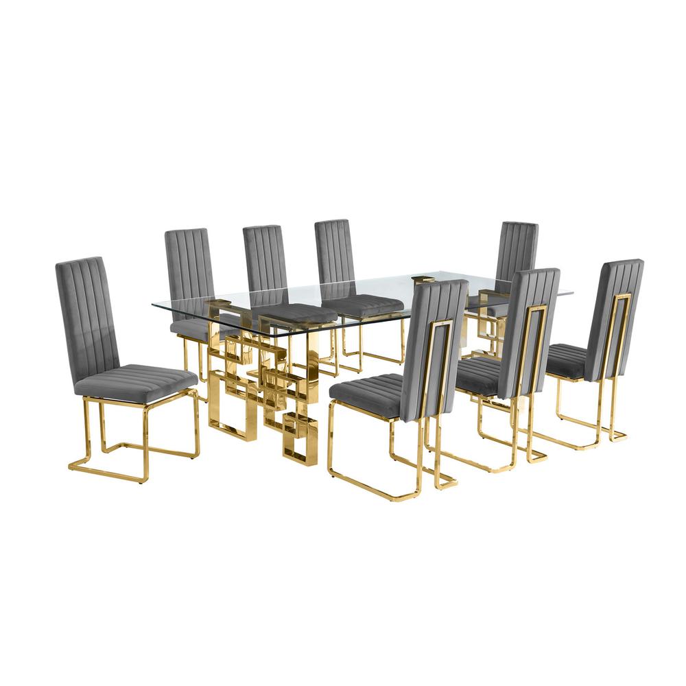 9-piece glam dining set with 8 Dark grey chairs and one 95" glass  table