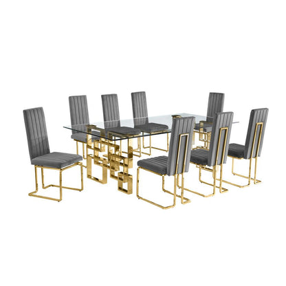 9-piece glam dining set with 8 Dark grey chairs and one 95" glass  table