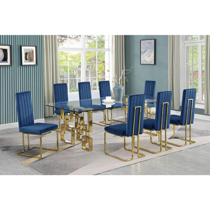 9-piece glam dining set with 8 Navy blue chairs and one 95" glass  table