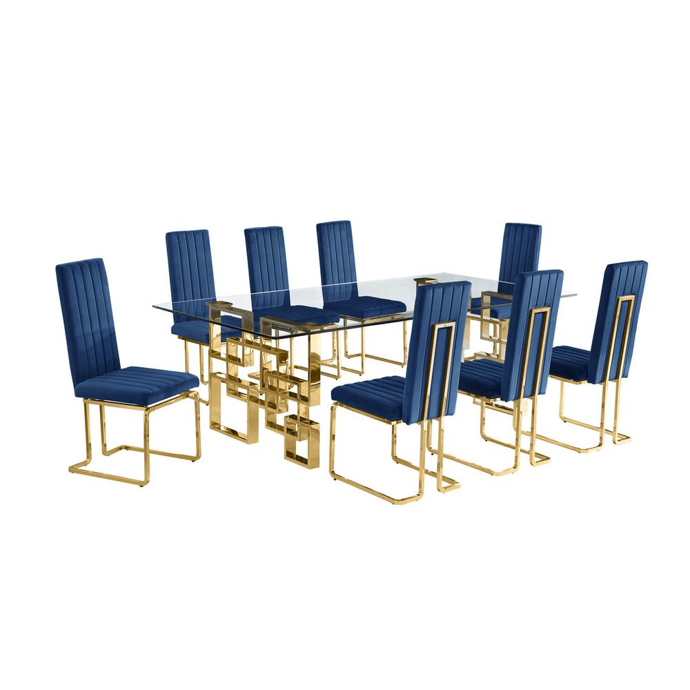 9-piece glam dining set with 8 Navy blue chairs and one 95" glass  table