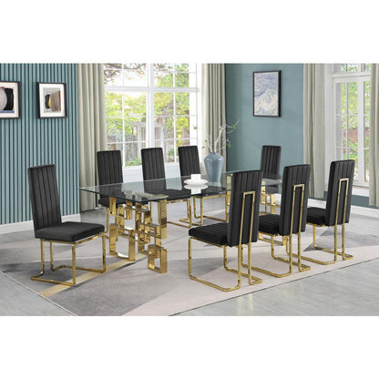 9-piece glam dining set with 8 Black chairs and one 95" glass  table