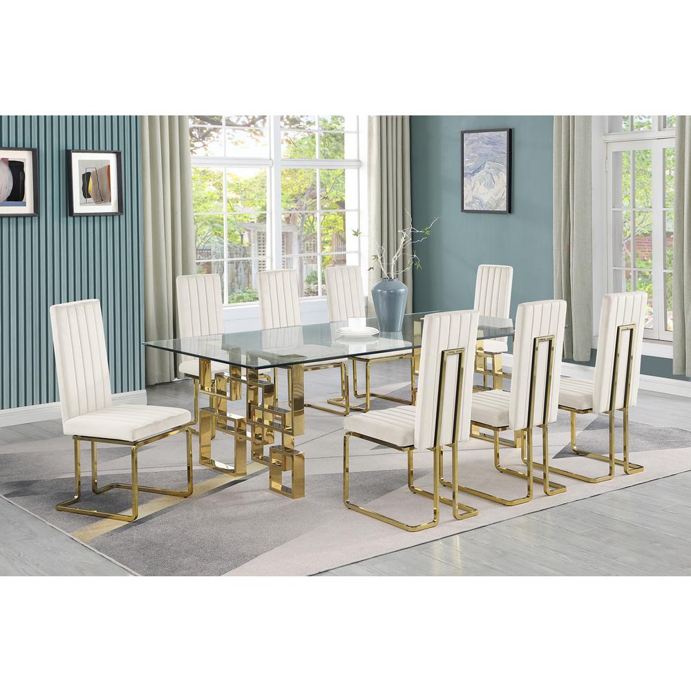 9-piece glam dining set with 8 Cream chairs and one 95" glass  table