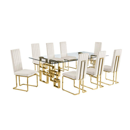 9-piece glam dining set with 8 Cream chairs and one 95" glass  table