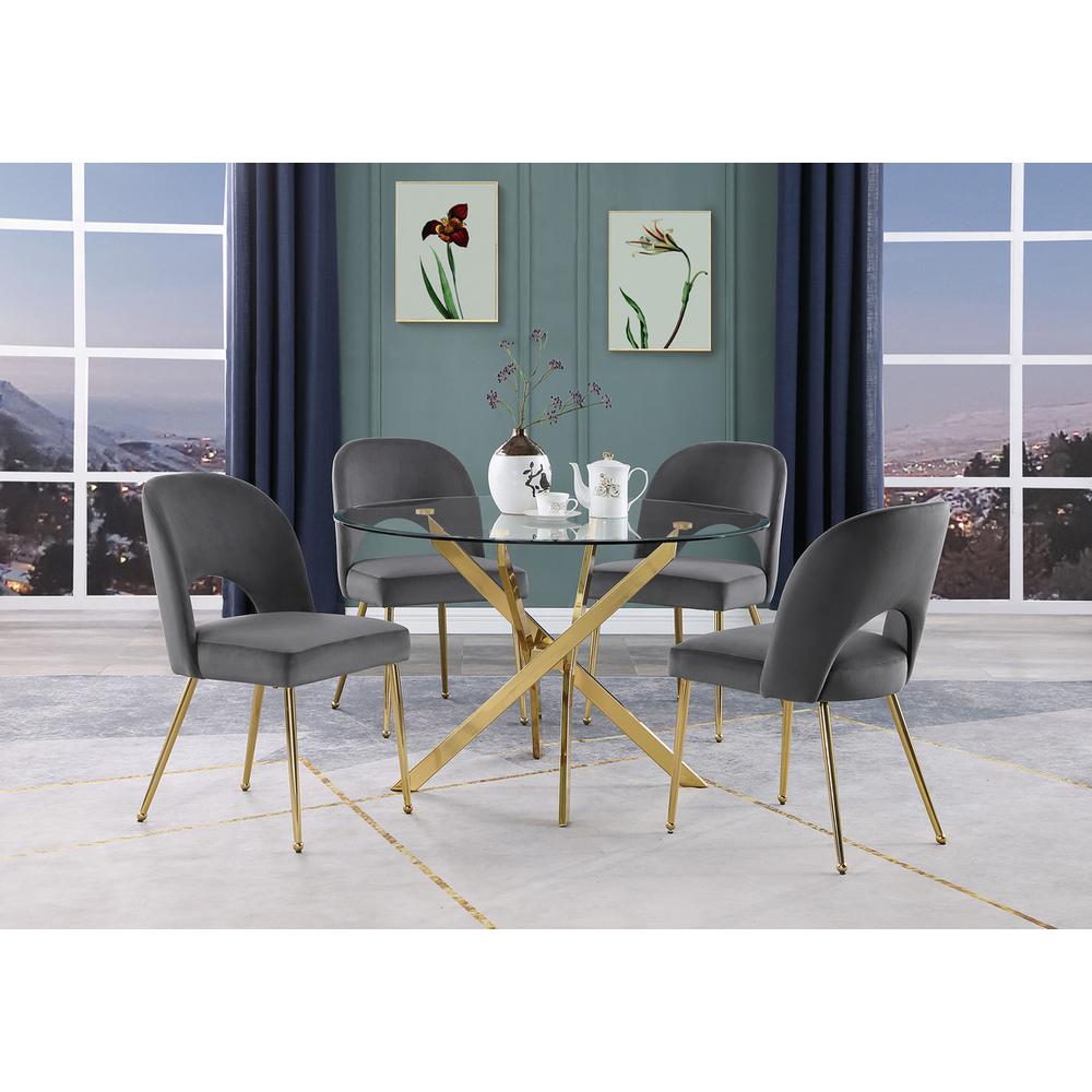 5pc dining Set- Round, tempered glass dining table with 4 Dark grey velvet chairs
