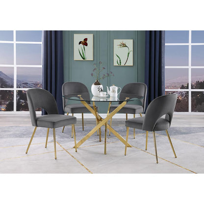 5pc dining Set- Round, tempered glass dining table with 4 Dark grey velvet chairs