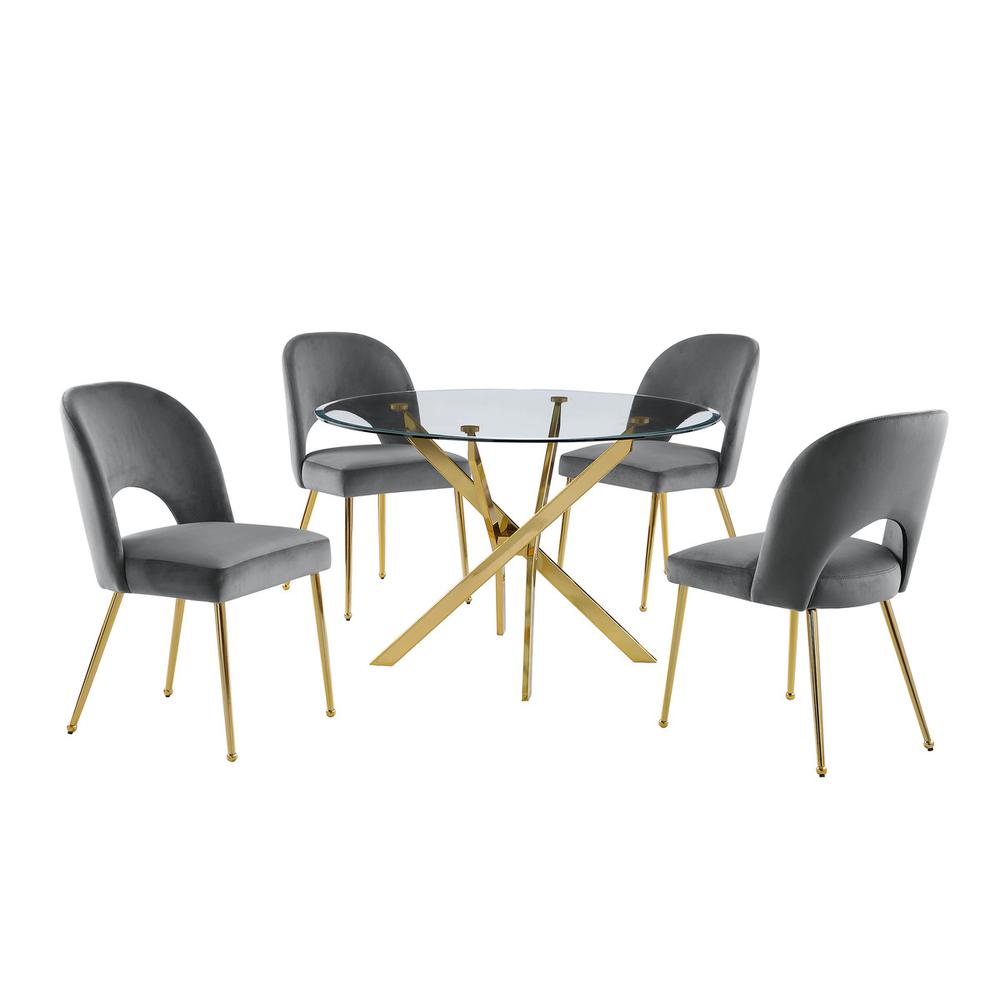 5pc dining Set- Round, tempered glass dining table with 4 Dark grey velvet chairs