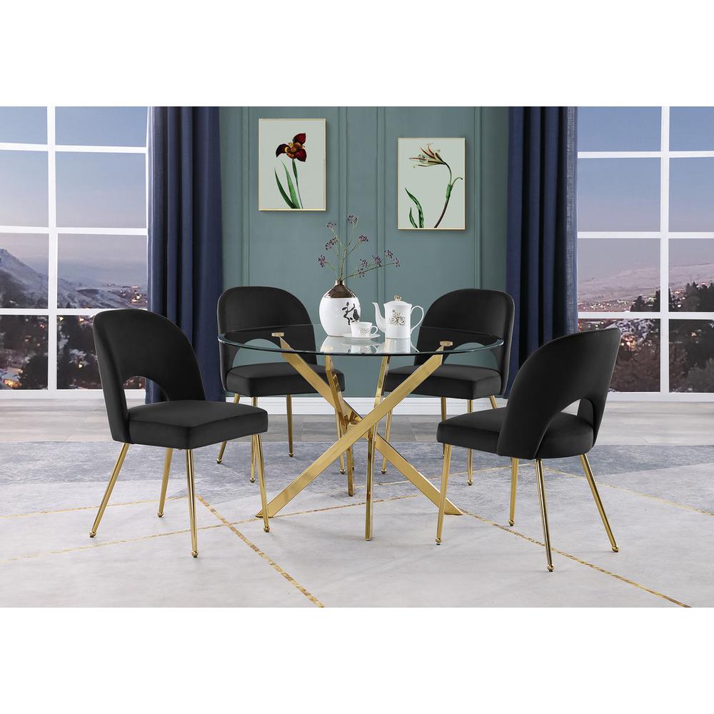 5pc dining Set- Round, tempered glass dining table with 4 Black velvet chairs