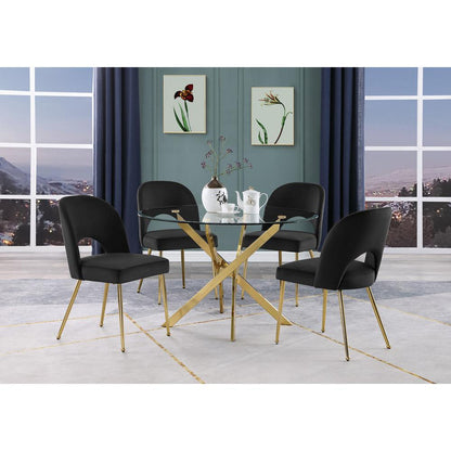 5pc dining Set- Round, tempered glass dining table with 4 Black velvet chairs