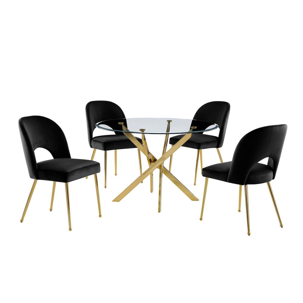 5pc dining Set- Round, tempered glass dining table with 4 Black velvet chairs