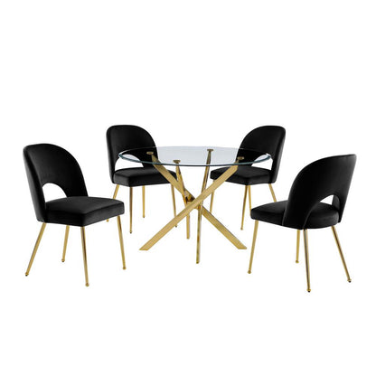 5pc dining Set- Round, tempered glass dining table with 4 Black velvet chairs