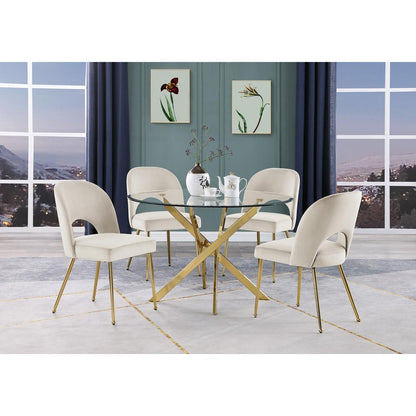 5pc dining Set- Round, tempered glass dining table with 4 Cream velvet chairs