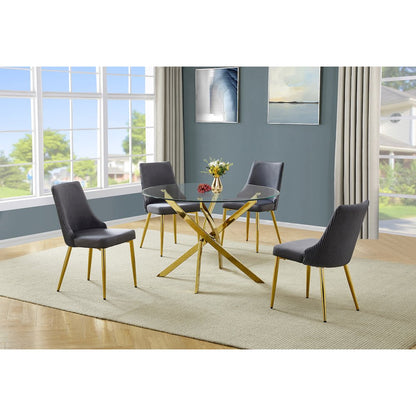 5Pc Round Tempered Glass Dining Table With 4 Dark Gray Side Chairs