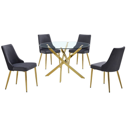 5Pc Round Tempered Glass Dining Table With 4 Dark Gray Side Chairs