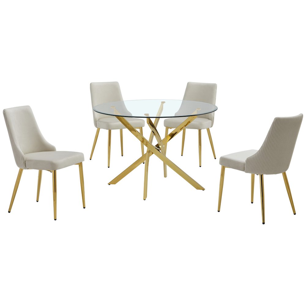 5Pc Round Tempered Glass Dining Table With 4 Cream Side Chairs