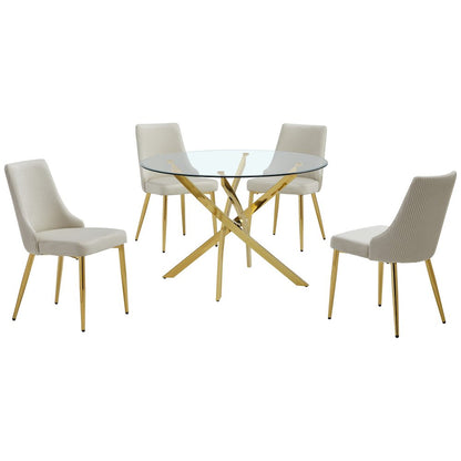 5Pc Round Tempered Glass Dining Table With 4 Cream Side Chairs