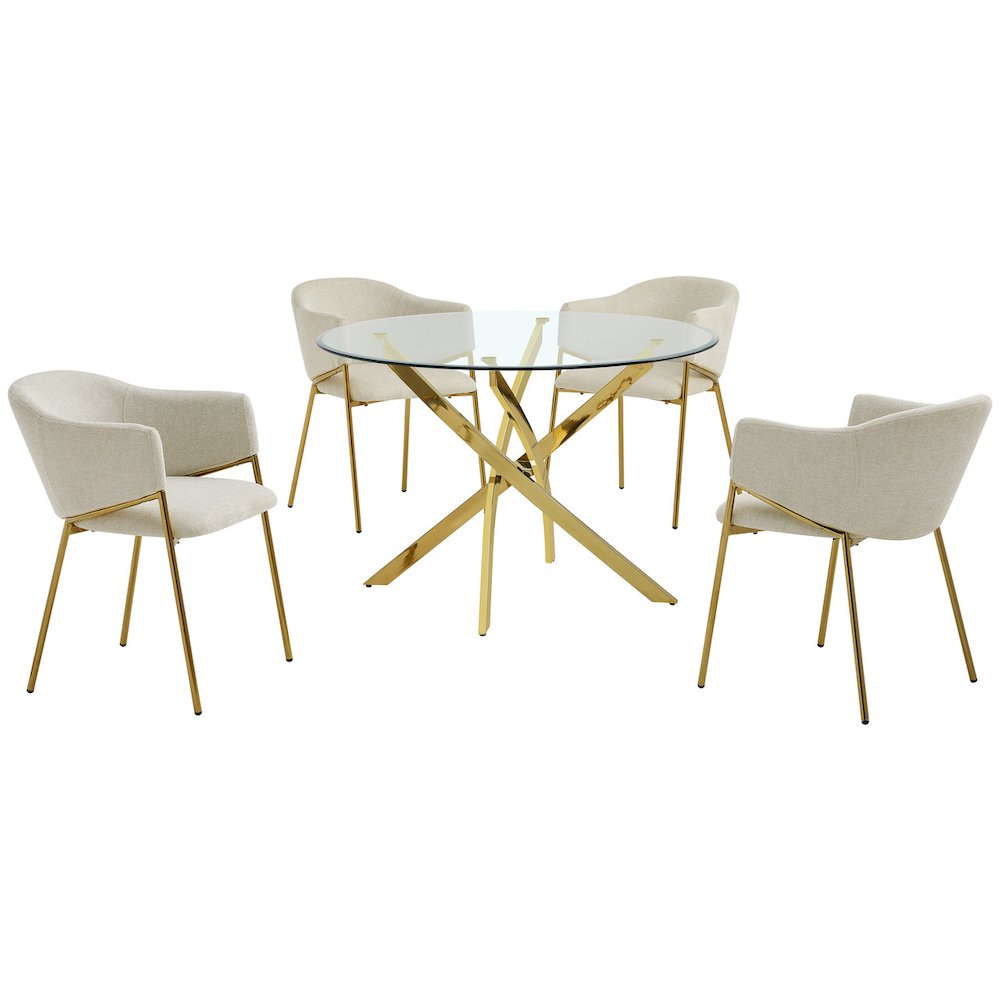 5Pc Round Glass Dining Table With 4 Beige Side Chairs