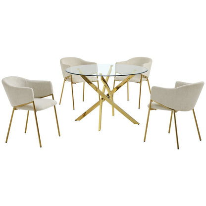 5Pc Round Glass Dining Table With 4 Beige Side Chairs
