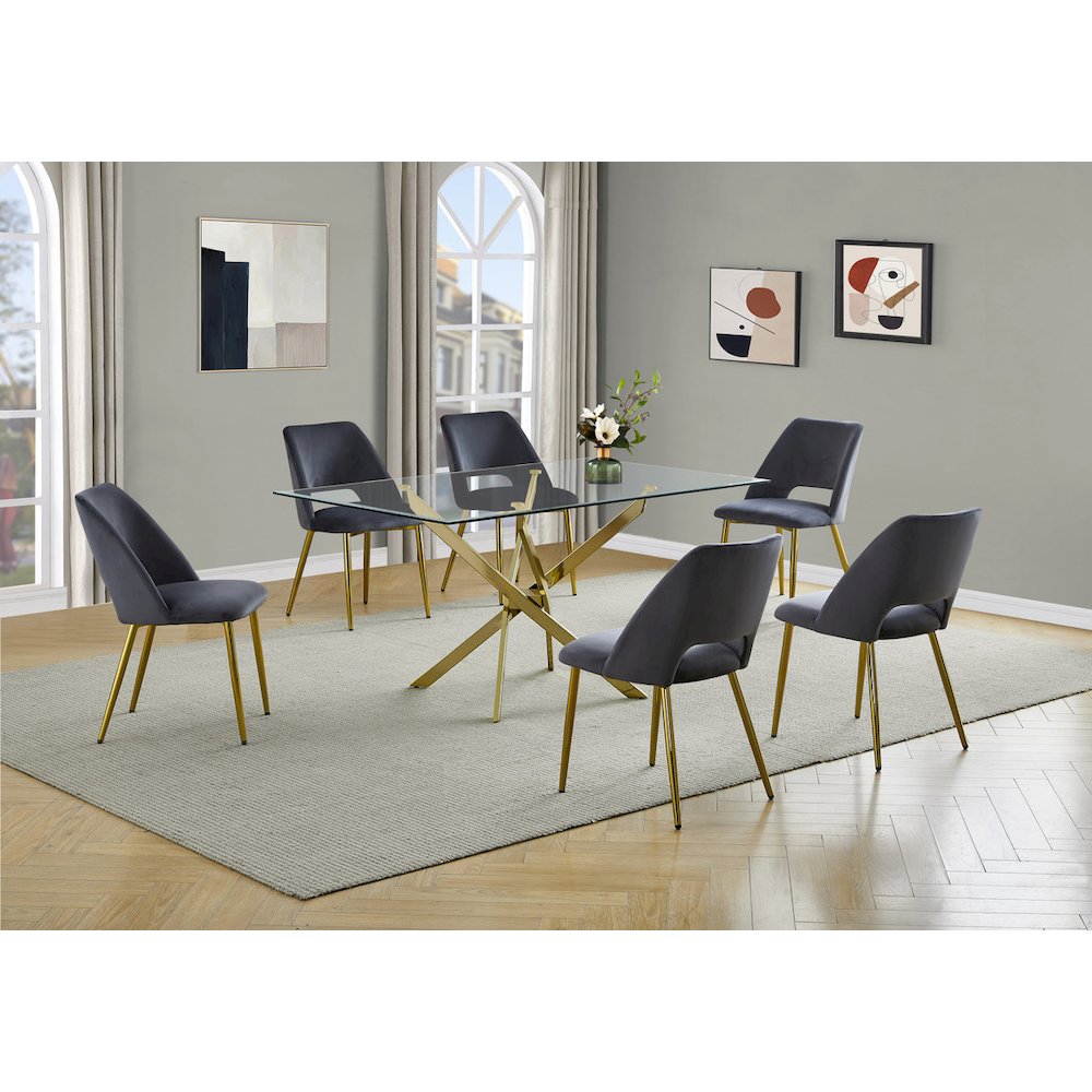 7Pc Modern Dining Set- Rectangle Table With Dark Grey Velvet Chairs