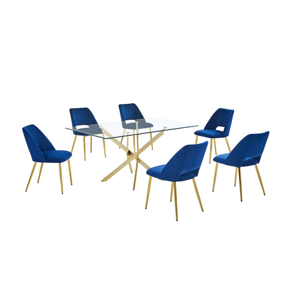 7pc dining Set- Rectangle - table with Navy Blue Velvet Chairs