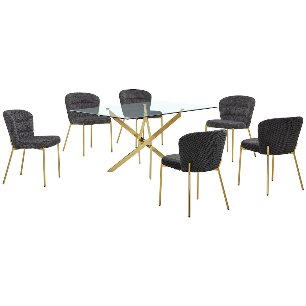 Rectangle Tempered Glass Dining Table With 6 Dark Grey Side Chairs