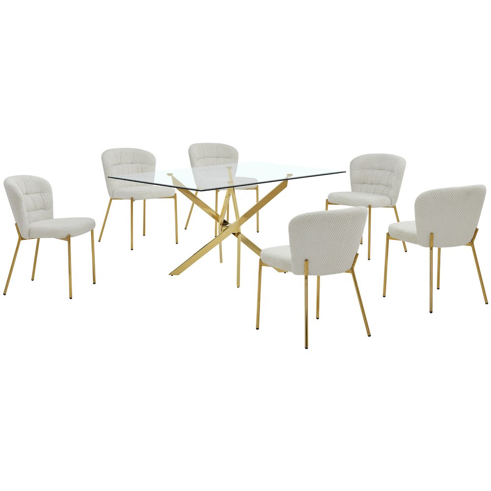 Rectangle Tempered Glass Dining Table With 6 Cream Side Chairs