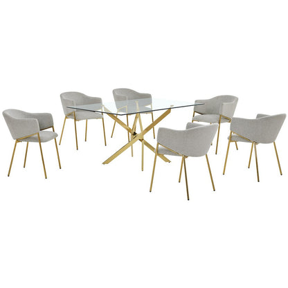 7Pc Rectangle Glass Dining Table With 6 Gray Side Chairs