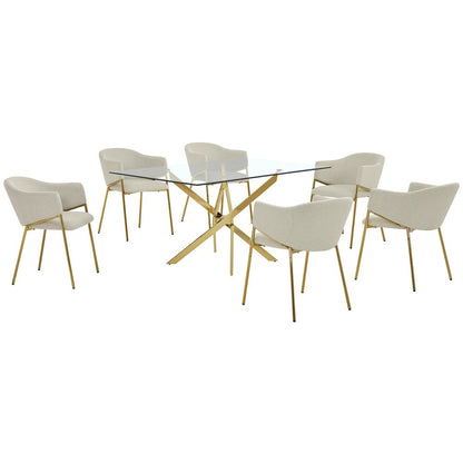 7Pc Rectangle Glass Dining Table With 6 Beige Side Chairs