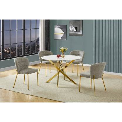 Round White Marble Wrap Glass Ding Table With 4 Grey Side Chairs
