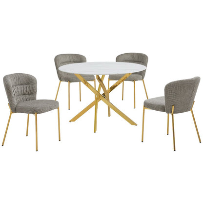 Round White Marble Wrap Glass Ding Table With 4 Grey Side Chairs